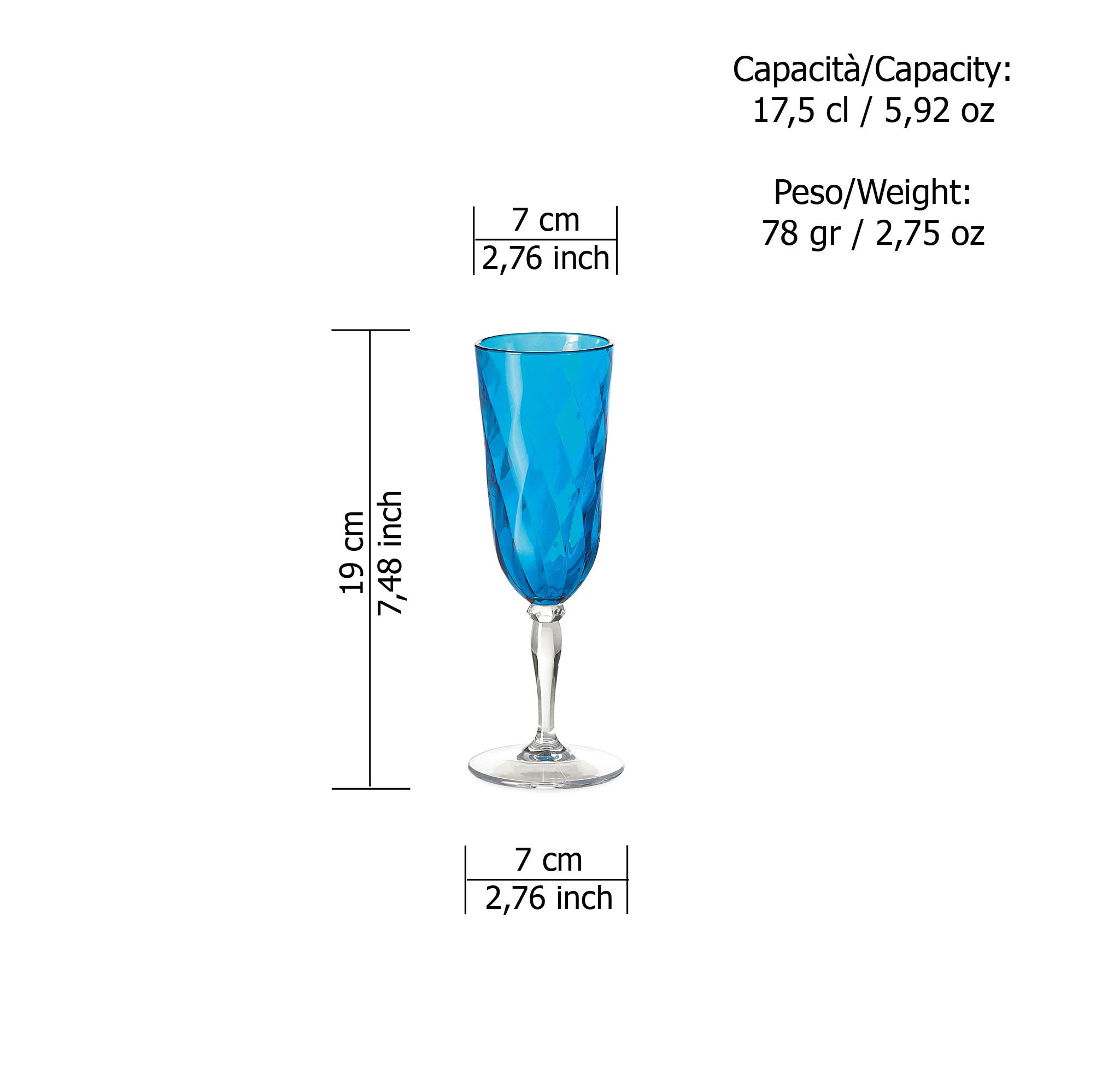 Omada Design 4 Bicchieri Champagne in acrilico, Flutes per uso all'aperto, Lavabili in Lavastoviglie, Made in Italy, Linea Diamond, Turchese