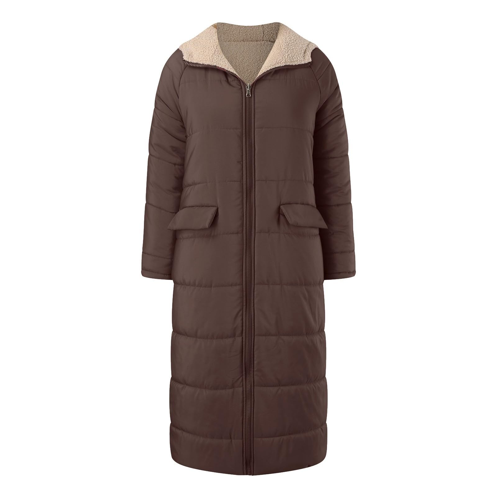 Generisch Cappotto invernale da donna, lungo, invernale, elegante, con imbottitura calda, con tasche, alla moda, con cerniera, piumino con cappuccio