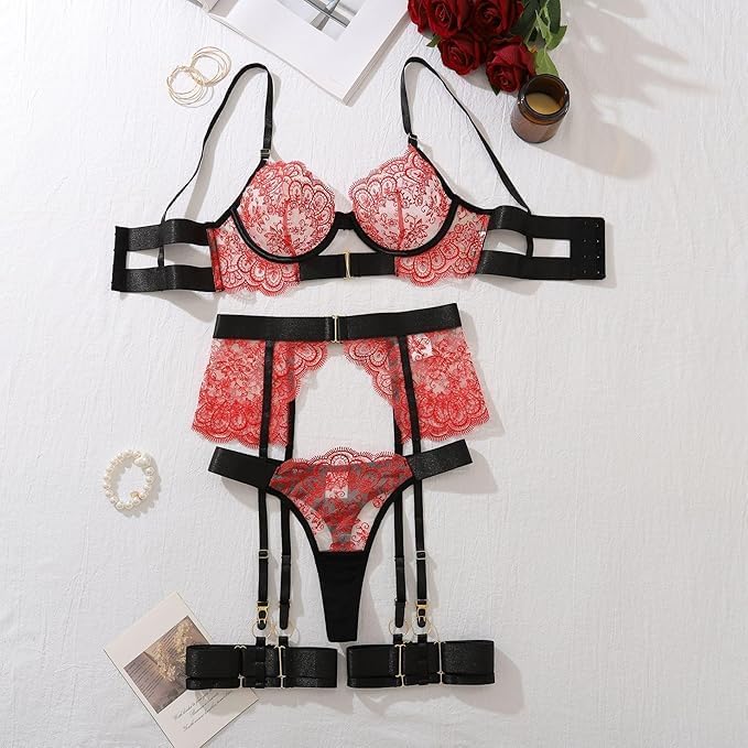 Lace Lingerie Set with Garter Belt Sheer Bra and Panty Floral Embroidery Adjustable Straps for Women Nightwear4