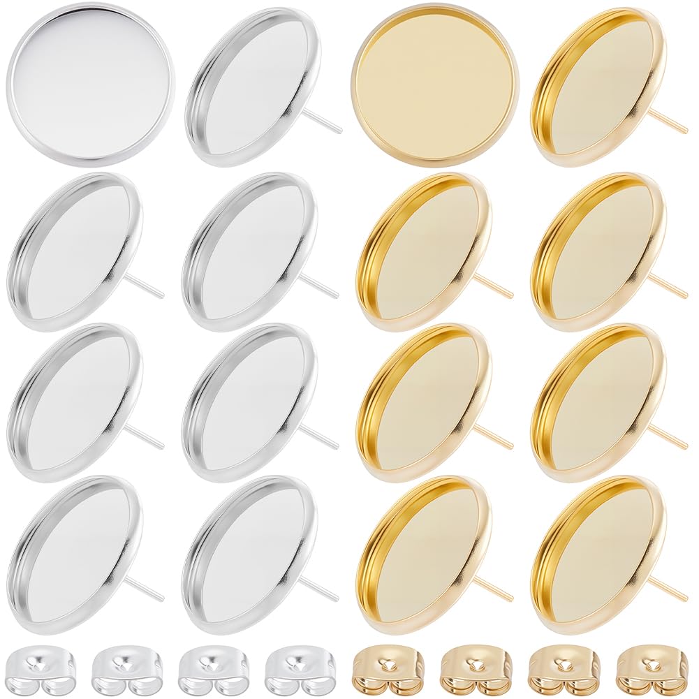 Beebeecraft 1 Scatola da 60 Pezzi di Cabochon per Orecchini in Acciaio Inossidabile Placcato in Oro 18K e Argento Sterling con Base A Castone Perni A Tazza per La Creazione di Gioielli
