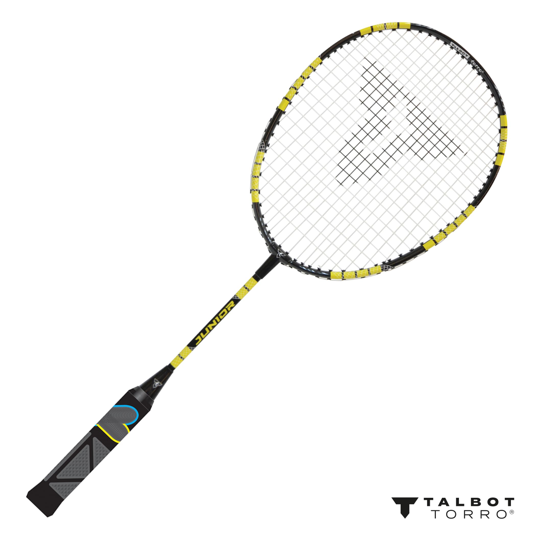 Talbot Torro Lern-Badmintonschläger ELI Junior, verkürzte Länge 58 cm, Lerngriff, Tropfenkopf, ideal für Schulsport und Training, schwarz-gelb-blau