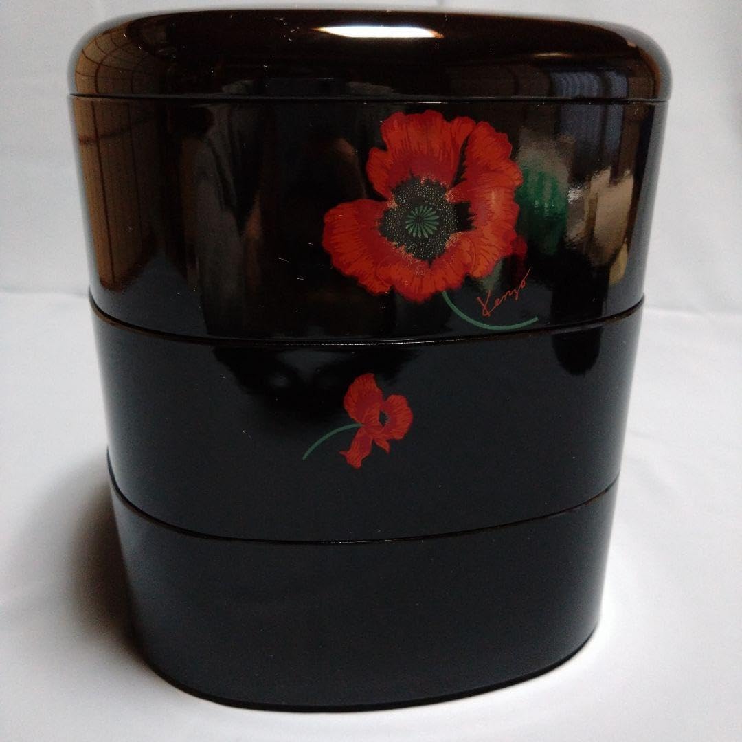 漆器 重箱 赤いポピーの花 箱 品質保証書つき