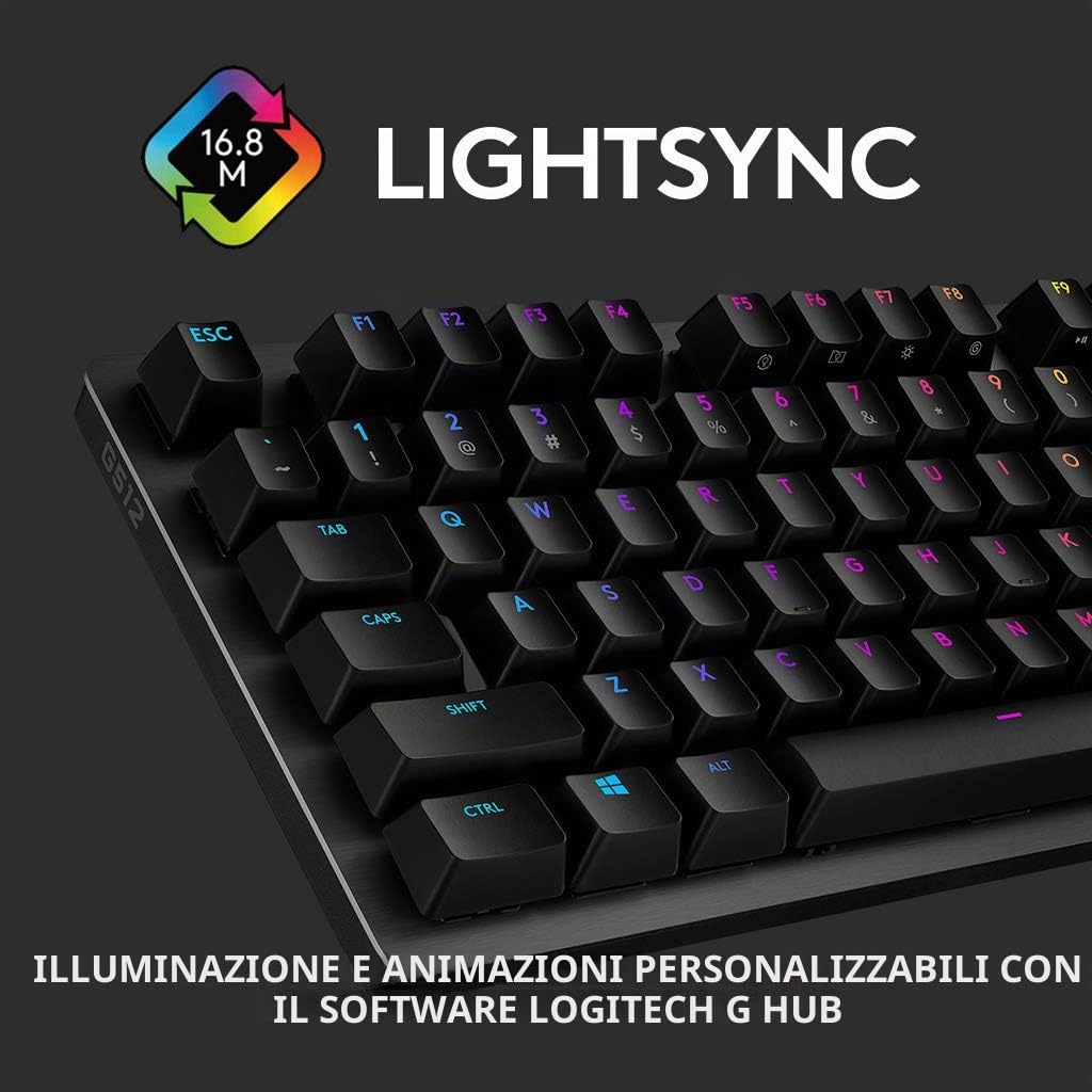 Logitech G Tastiera meccanica da gioco 512, switch lineari GX-Red GX, illuminazione RGB LIGHTSYNC, pass-through USB, alloggiamento in alluminio, tasti F programmabili, layout scandinavo - nero