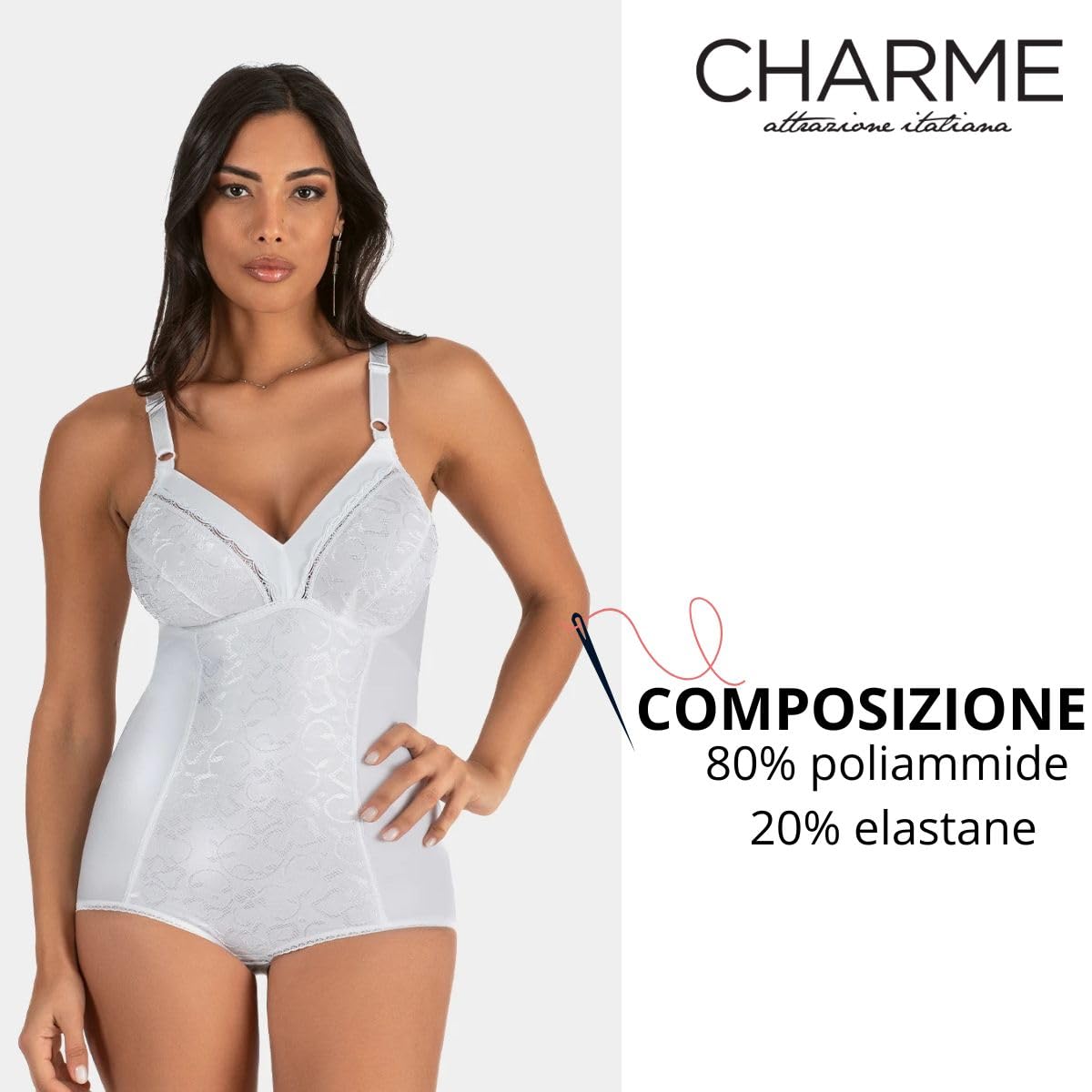 CHARME - Body Modellante Donna Senza Ferretto, Intimo Contenitivo in Tessuto Jacquard, Coppe Sfoderate e Spalline Larghe - Art. 1811 - Panna 5D