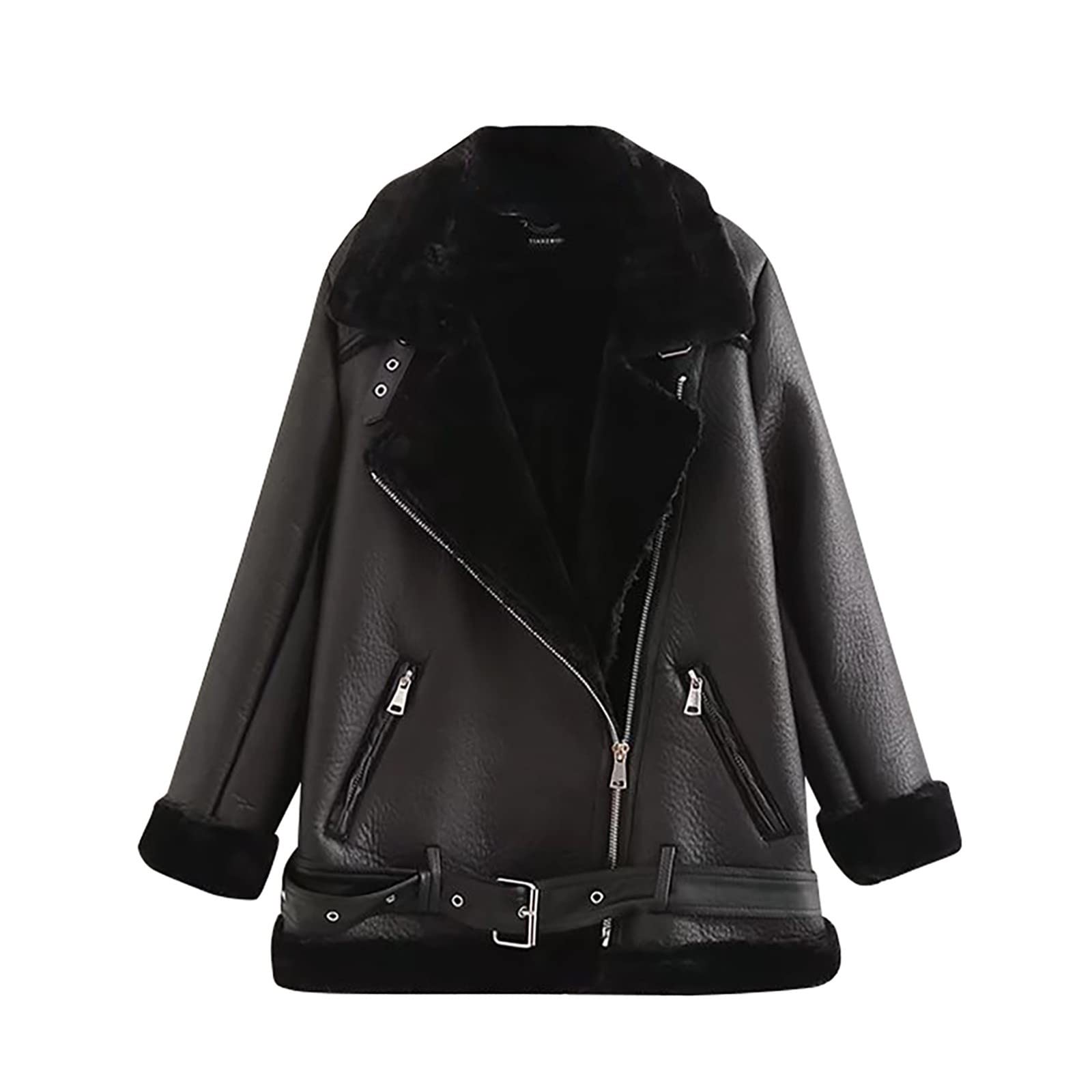 Ansenesna Lederjacke Damen Schwarz Winterjacke Warm Gefüttert Jacke Winter Leder Mantel Frauen Dicke Wintermantel Ohne Kapuze Ledermantel Mit Fell Damen-Jacken Innenfell Fellkragen Jacket