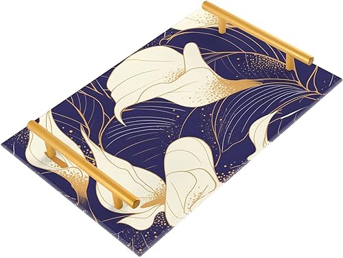 Elegante bandeja rectangular decorativa vintage de lirio de cala morado con asas, bandeja grande para servir joyas, perfumes para cocina, bandeja