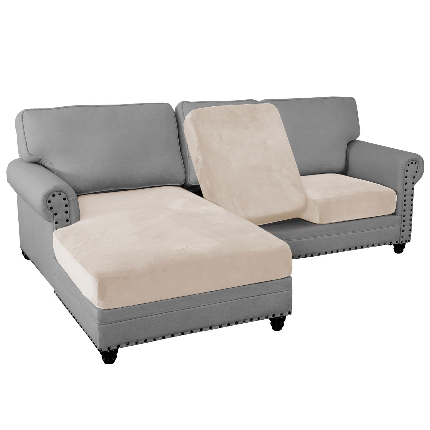 PrinceDeco Sectional Couch Covers 3 Pieces Velvet in Ivory
