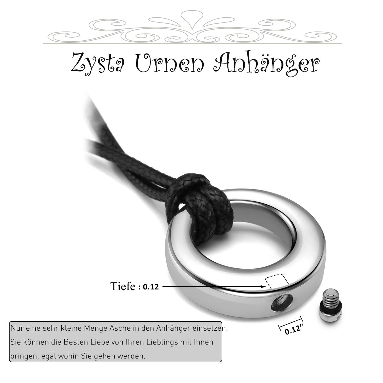 Zysta Edelstahl Asche Schmuck Memorial Urnen Anhänger Kette Kreis der Ewigkeit des Lebens Rund Ringe Pendant mit Gravur + Trichter-füllen-Kit + Mini Schraubendreher