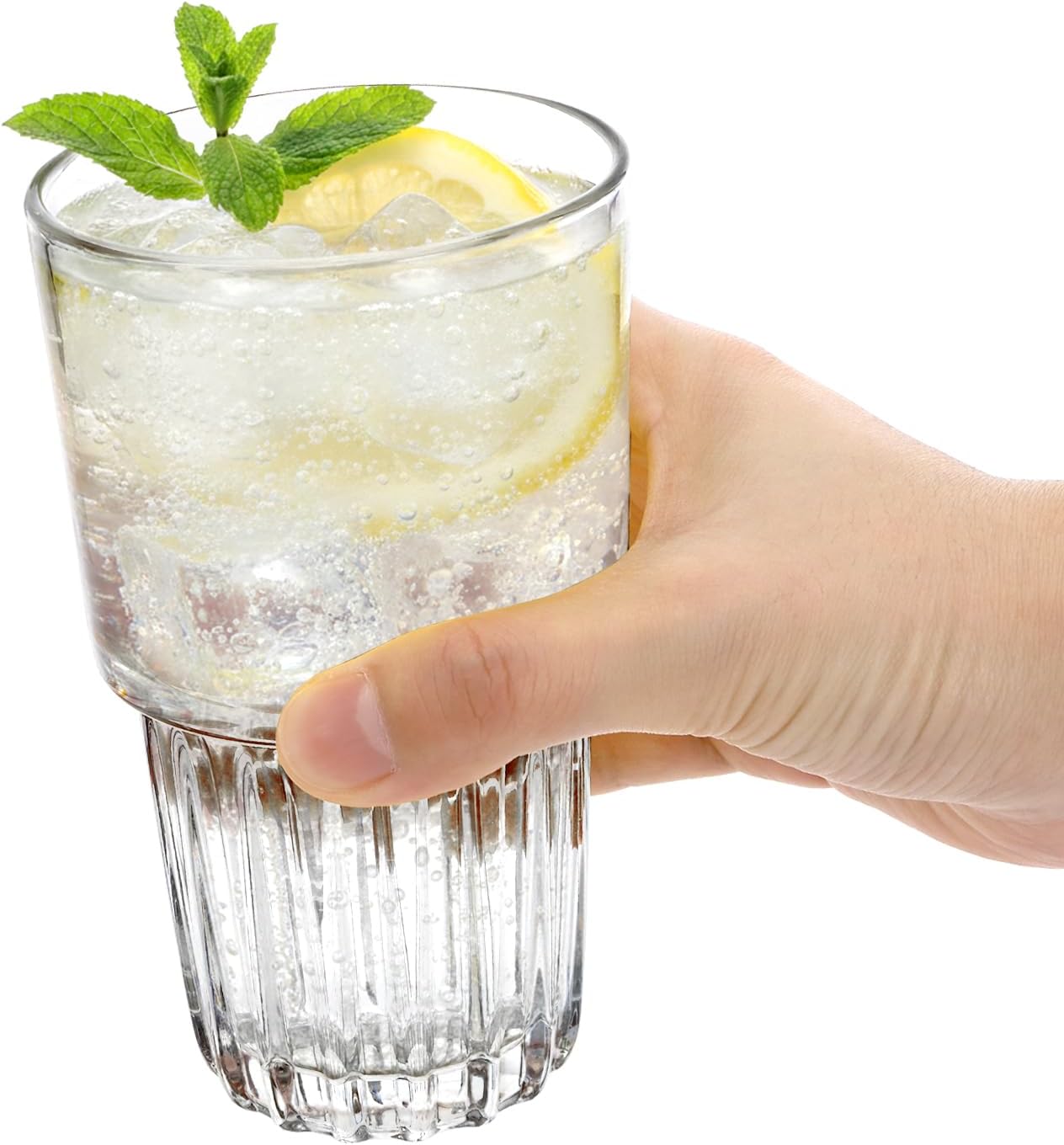 DEAYOU Set of 6 Drinking Highball Glasses, 16 OZ Clear Water Glass Cup, Stackable Thick Tempered Tall Glass Tumbler for Beer, Juice, Cocktail, Whiskey, Iced Tea, Daily Use, Dishwasher Safe, Heavy Base - Image 3