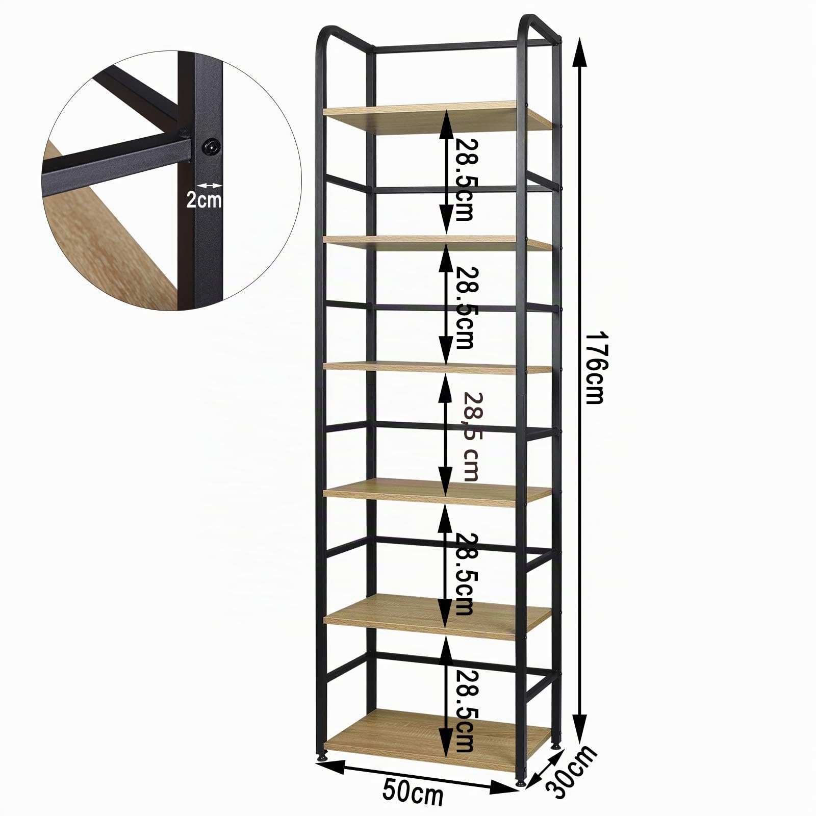 WOLTU Estantería Alta con Pies Ajustables | de 6 Niveles de Almacenamiento, Organizador para Salón, Dormitorio y Estudio, 50x30x176 cm, Roble Claro+Negro