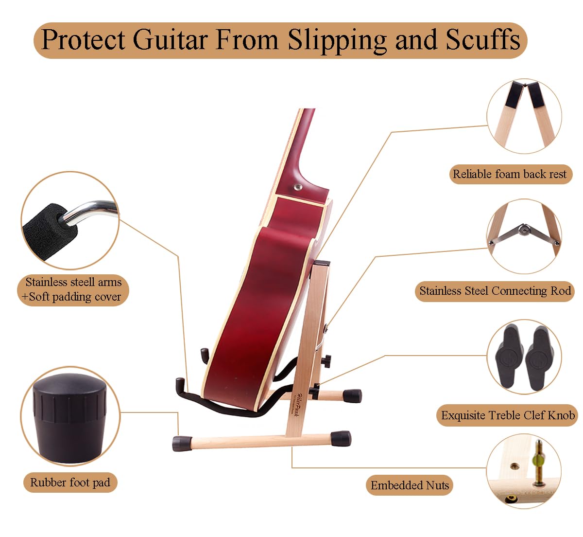 Pied de Guitare en Bois Massif - Support Pliable A-Frame Réglable pour Guitares Acoustiques, Électriques, Basse, Violoncelle, Banjo, Mandoline, Ukulélé