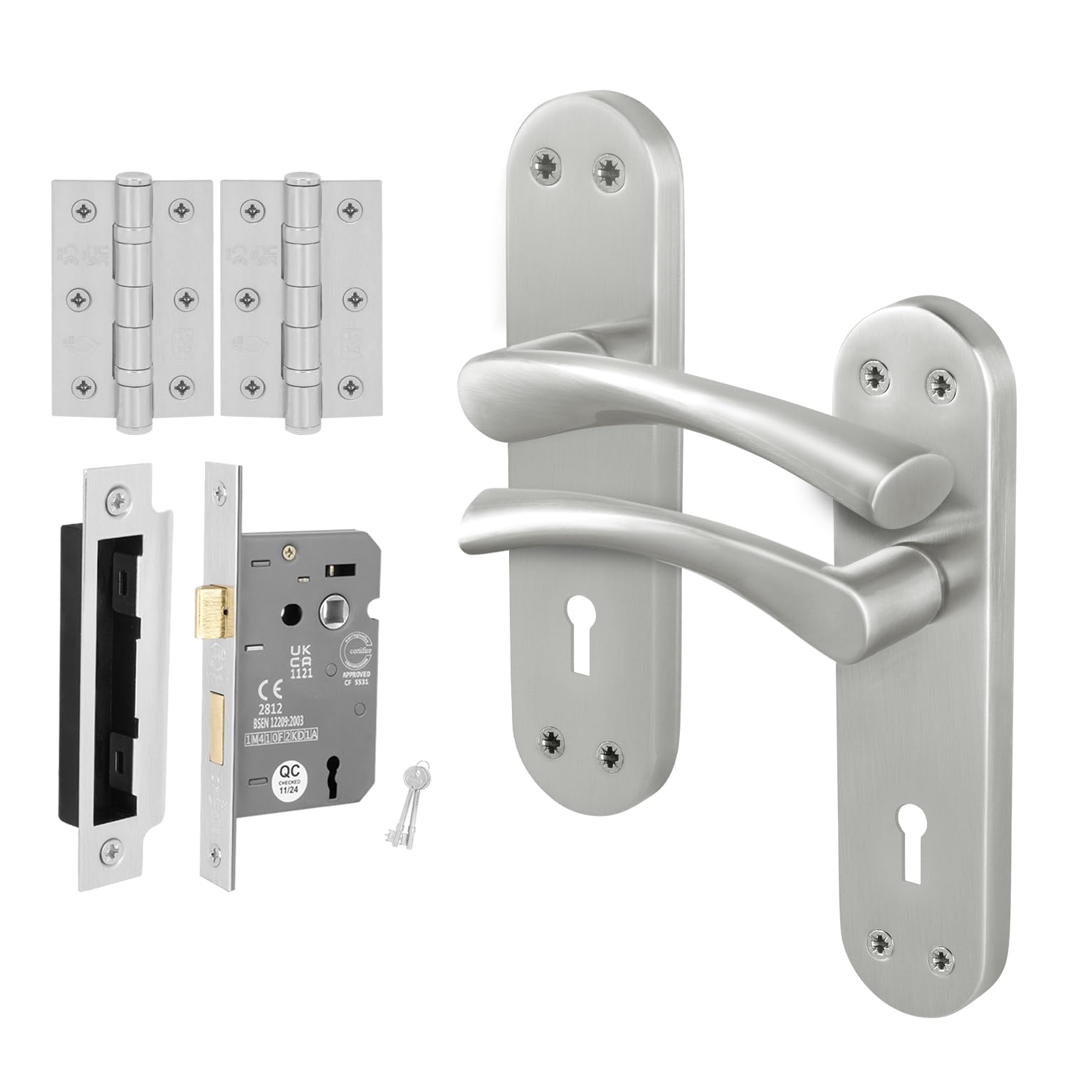 EAI Satin Door Handle Key Lock Set, 1 Pair Satin Nickel Internal T-Bar Handles, Hinges 76mm, Sash Lock 64mm - Novoli