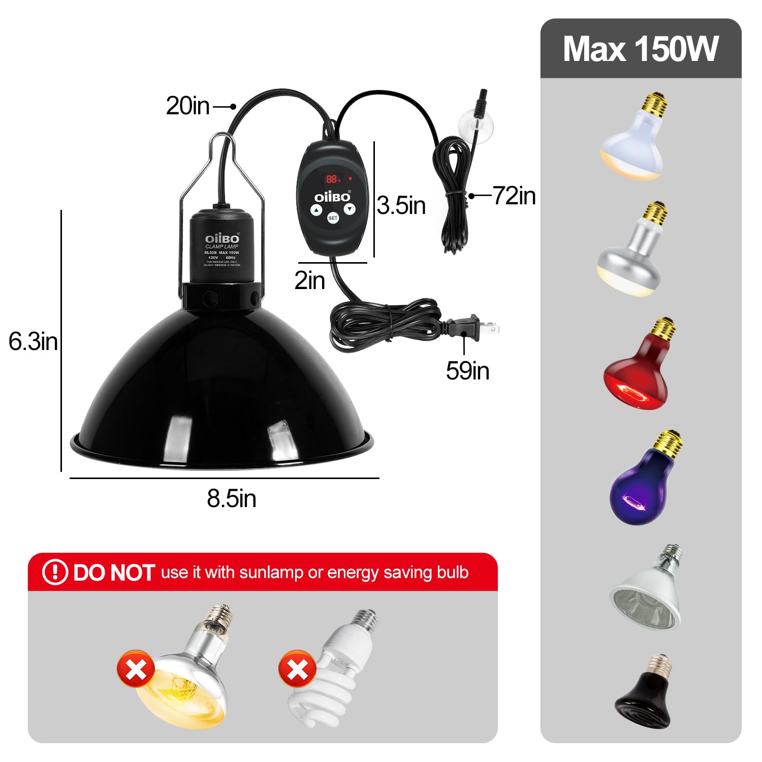 Oiibo Reptile Light Fixture with Dimming Thermostat, 8.5 Inch Dome Lamp Cap Reptile Heat Lamp Fixture,Terrariums Light Fixture for UVB Bulb Basking Heat Bulb, Max 150W - image 2