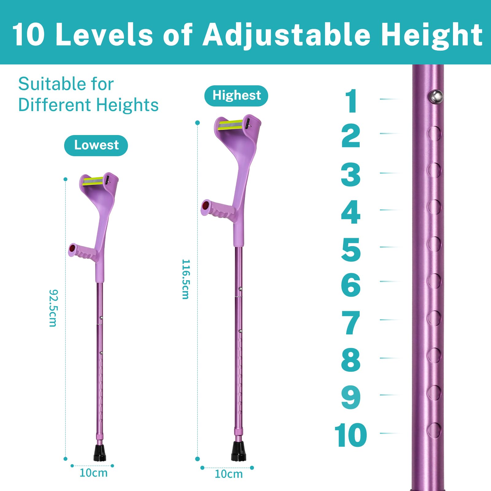 Par de muletas de antebrazo plegables para adultos, 10 niveles de altura, ligeras, de aluminio, con reflectores, cómodo mango ergonómico, color morado