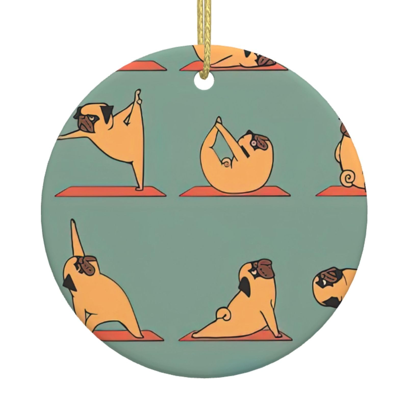 Yoga Pug Print Christmas Ornaments, Ceramic Hanging Ornament, Round Shape Decorations