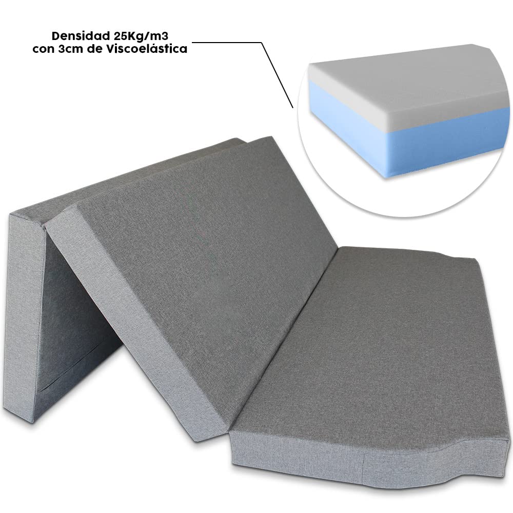 Ventadecolchones - Colchón Plegable con 3 cm de Viscoelástica para Furgoneta Volkswagen T5, T6, Multivan, California Beach y Caravelle con Espuma D25 en Loneta Premium Gris