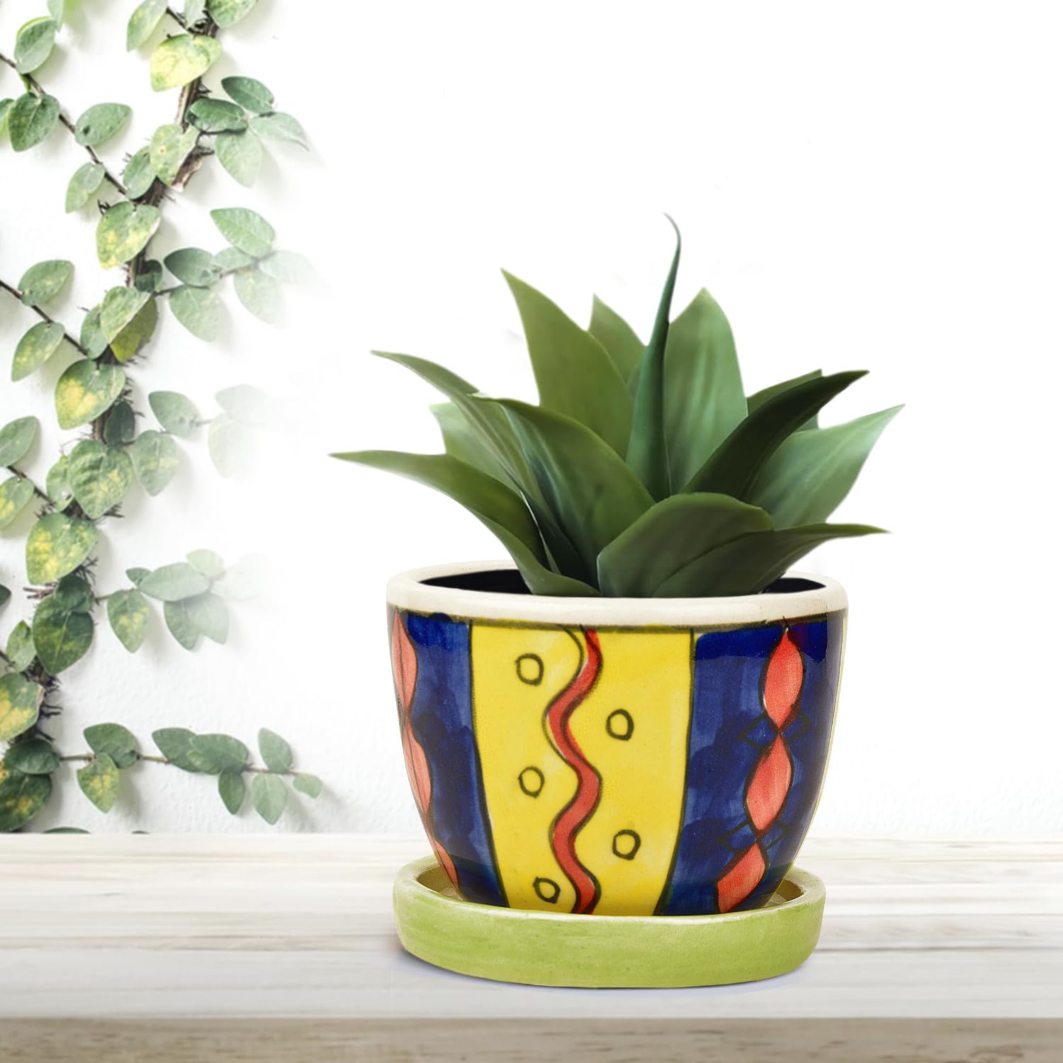 StyleMyWay Hand Painted Ceramic Planter Pot with Tray (Multicolor, Diameter - 9 cm, Height - 7 cm) | Indoor & Outdoor Planter | Succulent Pot | Decorative Planter for Living Room and Balcony (B09J2PBMCF) Amazon Price History, Amazon Price Tracker