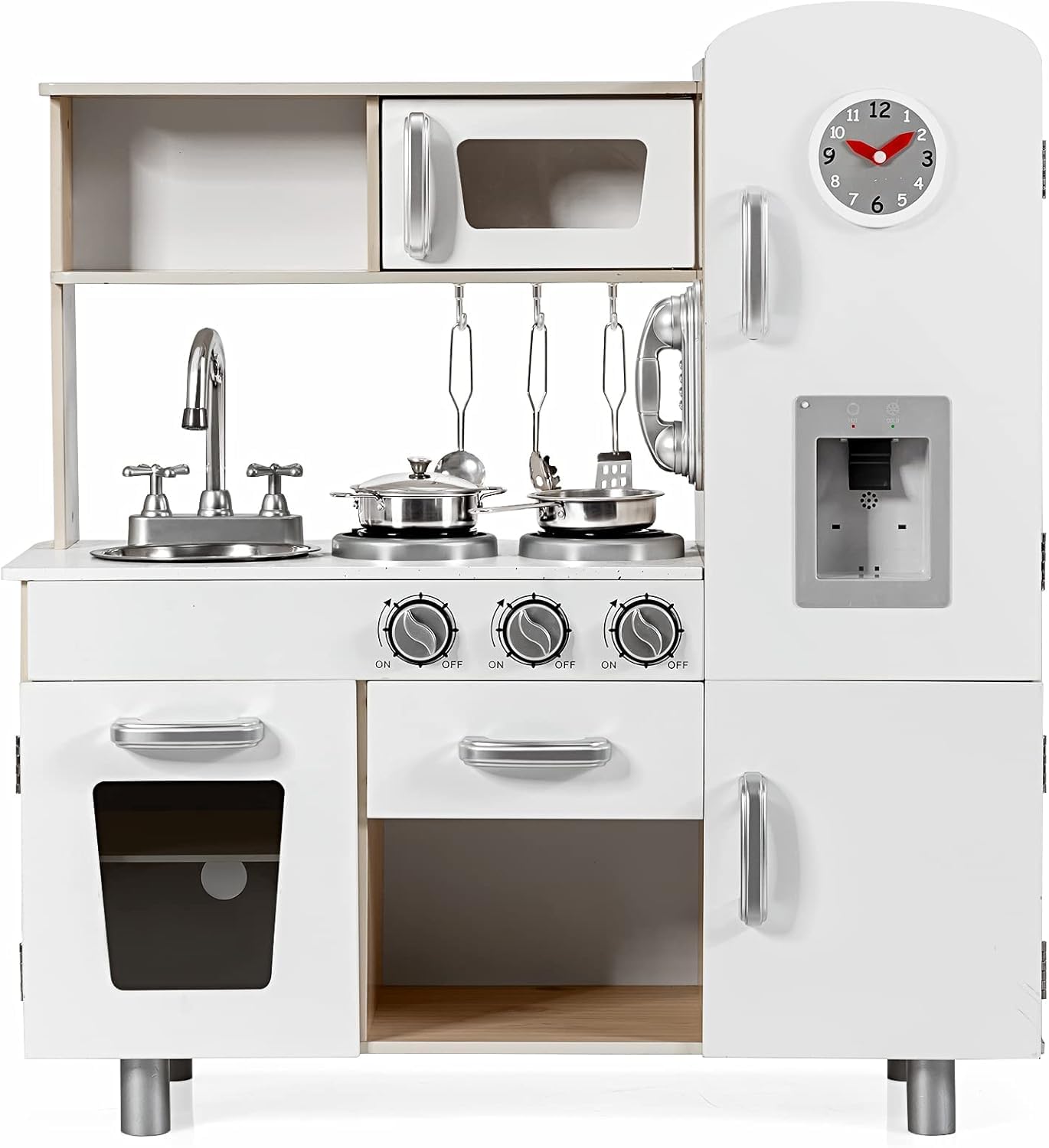 Cocina De Madera De Juguete Para Niños Con Microondas Campana Extractora Estufas Fregadero Fabricador De Hielo Y 18 Accesorios