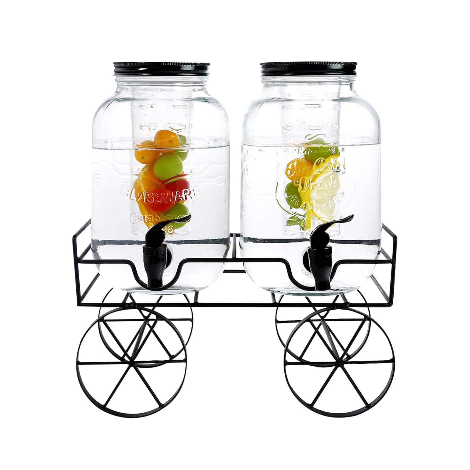 Crystals 2 X 4L Glass Water Dispenser with Tap - Easy Filling & Wide Mouth Leak-Proof Mason Jar with Tap - Includes Durable Wire Stand โ Thick Glass Drinks Dispenser for Juice, Cocktails and Beverages