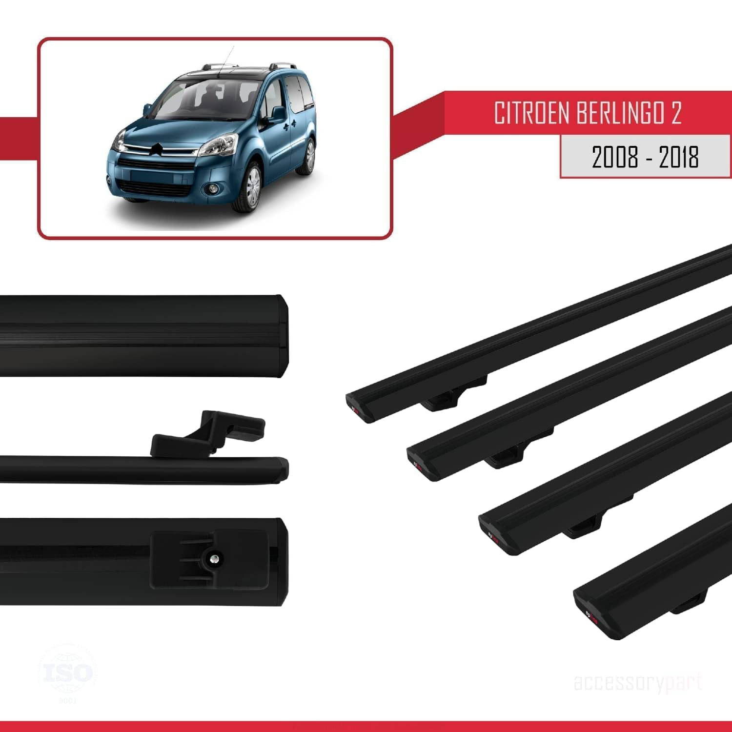 Kompatybilny z Compatible with Citroen Berlingo 2 (B9) 2008-2018 BASIC Model Aluminiowy bagażnik dachowy 4 poprzeczki, czarne