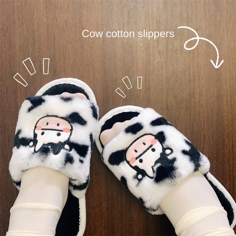 Loizziuy Cartoon Cow Embroidered Fuzzy Bedroom Slippers Sandals for Vacation Casual Womens Girls2