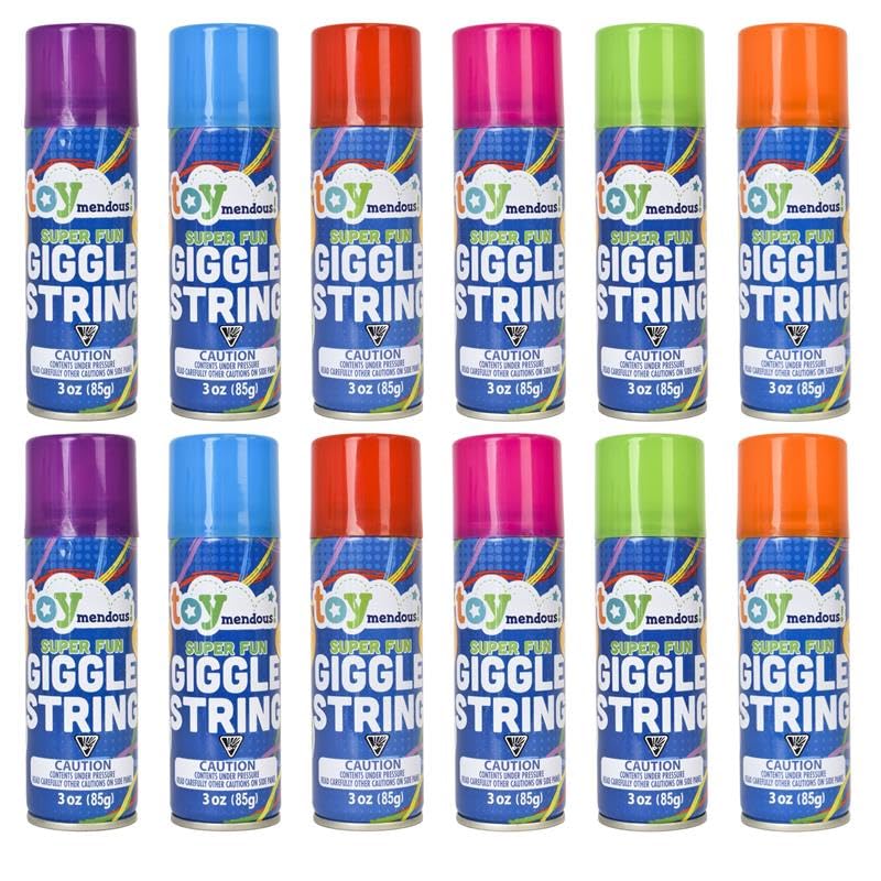 Sunny Days Entertainment Giggle String Party Pack,12 Pack 3 oz Stretchy Party String, Bright Colored Celebration Streamers, Non-Toxic, Party Favor for Kids and Adults, Shoots Over 15 Feet!
