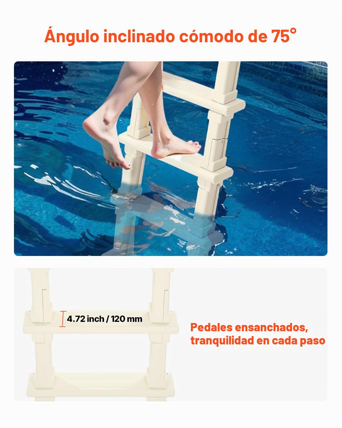 VEVOR Escalera para Piscina con Pasamanos Dobles de 5 Escalones con Inclinación de 75°, Escalones Resistentes Antideslizantes, Carga de 136 kg, para Piscinas Enterradas y Elevadas, 810 x 605 x 1790 mm