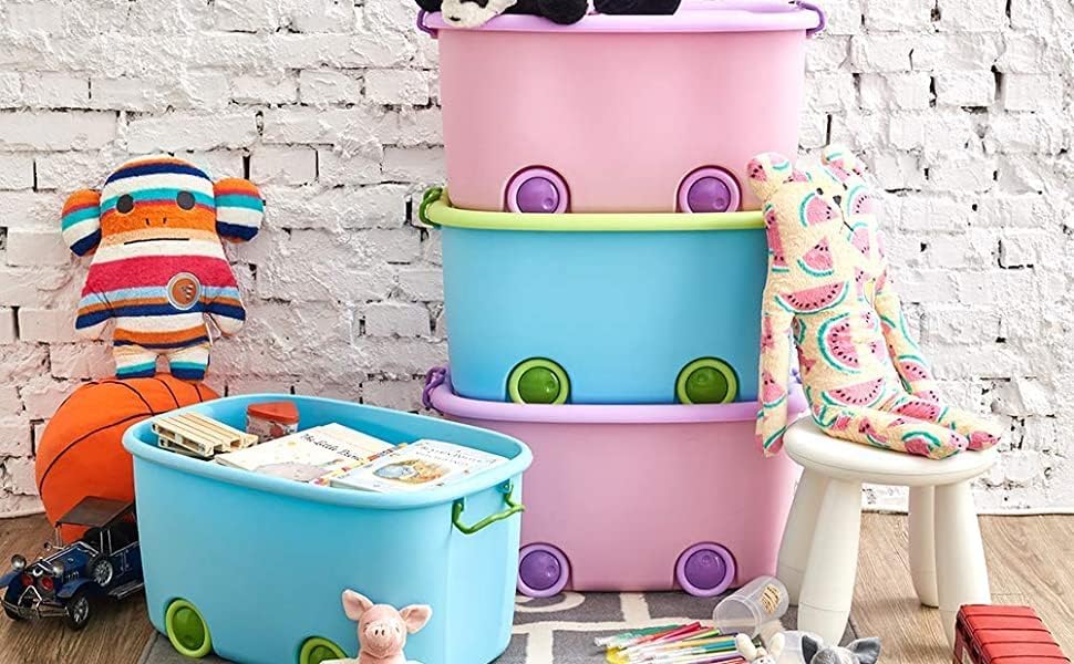 Image of Ash & Roh Plastic Multi Color Storage Bins With Locking Lids, Handle & Wheels | Stackable Collapsible Storage Box | 25 Lit Container Organizer Toy Storage Box. (Pack Of 2)