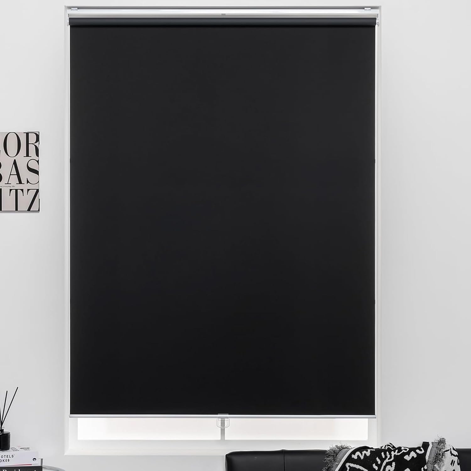 Cordless Roller Shades 100% Blackout Blinds for Windows and Doors, Pull Down Room Darkening Window Shades, Easy to Install for Home and Office, Black, Fixed 75 Inches High, 20 Inches Width Black 20\"W x 75\"H