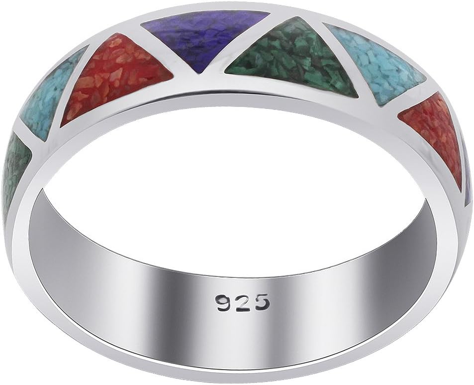Southwestern Style Multi Gemstone 6mm Wedding Band Sterling Silver Ring 13