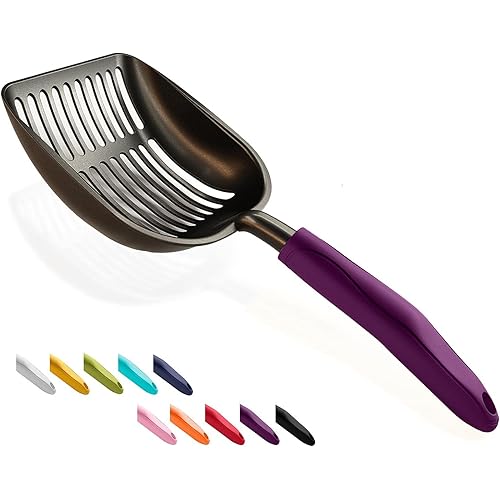 WePet Cat Litter Scoop, Non-Stick Plated Aluminum Alloy Sifter, Kitty Durable Metal Scooper, Deep Shovel, Long Handle, Kitten Pooper Lifter, Size Large, Coated Black Body with Violet Handle