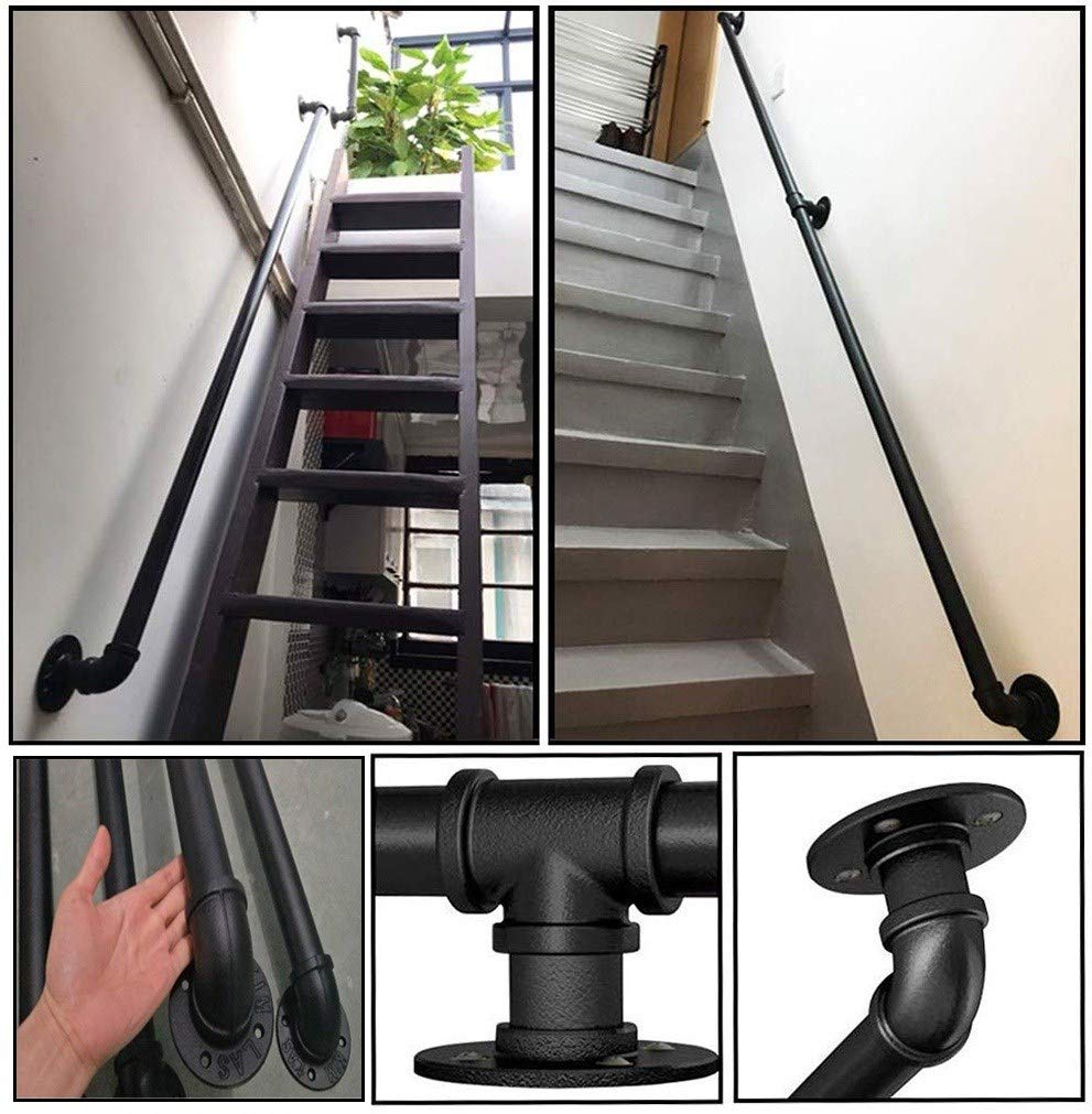 Corrimano per Scale, Design Industriale del Tubo di Acqua in Ferro Battuto in Metallo Ringhiera per Villa in Loft Nero, Kit di Decorazione Interna Ed Esterna(Size:7ft / 210 Centimetri)