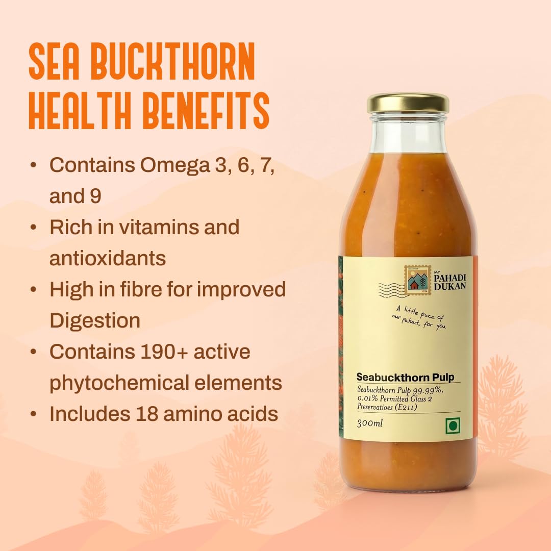 My Pahadi Dukan Himalayan Sea Buckthorn Pulp 300ml, Wild Berries, Rich in Omega 3 6 7 9 & Vitamin C, Herbal Seabuckthorn Juice, Supports Immunity, Skin & Gut Health, Lab Tested, Cold Pressed 2