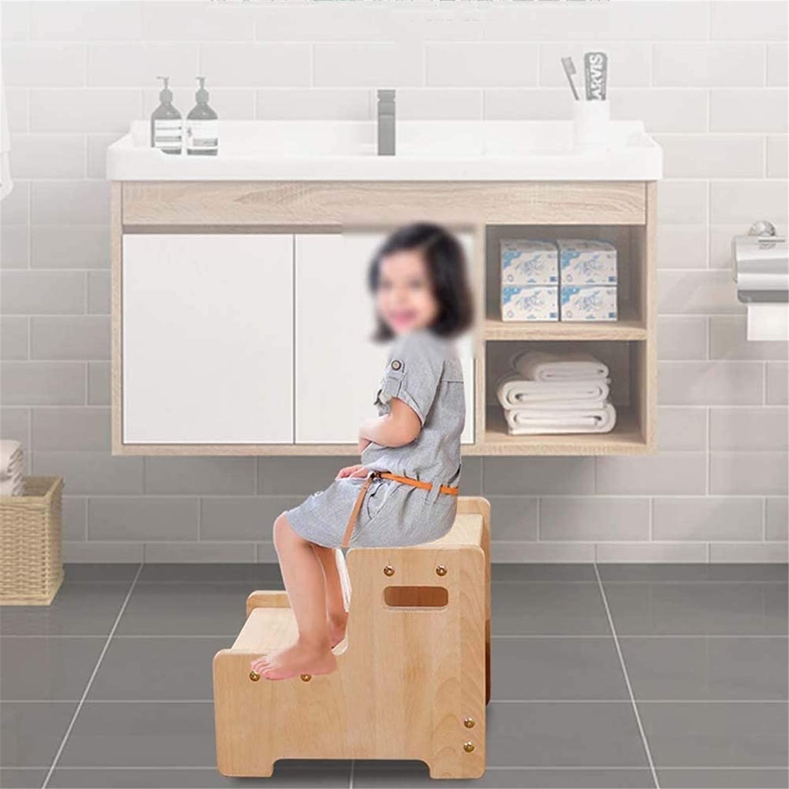 Taburete de Escalera portátil, Taburete de Escalera portátil, Taburete de Escalera para niños con Dos escalones y Asas, Taburete de Madera para niños pequeños, Taburete de Dos esca