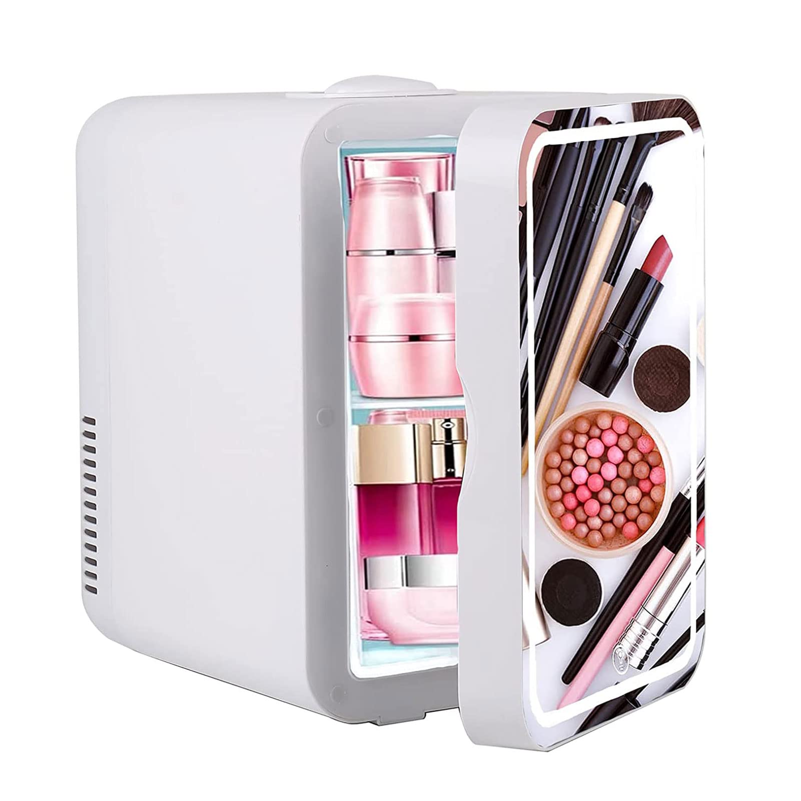 Mini Frigo per Skincare, 8L Piccolo Frigorifero Elettrico con Specchio per Trucco a LED, 3 Luminosità Regolabile, AC 220V/DC 12V, per Conservare la Cibo Medicinali Cosmetico
