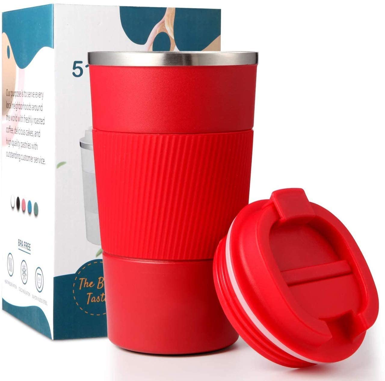 Wosta Travel Mug, Insulated Coffee Cup with Leakproof Lid,Vacuum Insulation Stainless Steel Reusable for Hot Cold Coffee, Non-Slip Protective Cover, (Red, 510 Ml)