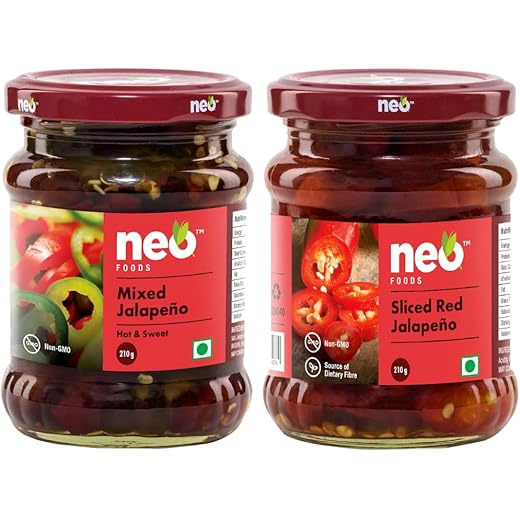 Neo Sliced Red Jalapenos & Mixed Jalapenos I Ready-to-Eat Fibre-Rich Topping for Snacks and Salads, Non-GMO, Jar, 210g (Pack of 2))