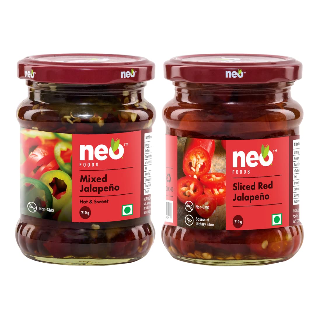 Neo Sliced Red Jalapenos & Mixed Jalapenos I Ready-to-Eat Fibre-Rich Topping for Snacks and Salads, Non-GMO, Jar, 210g (Pack of 2))-image-8