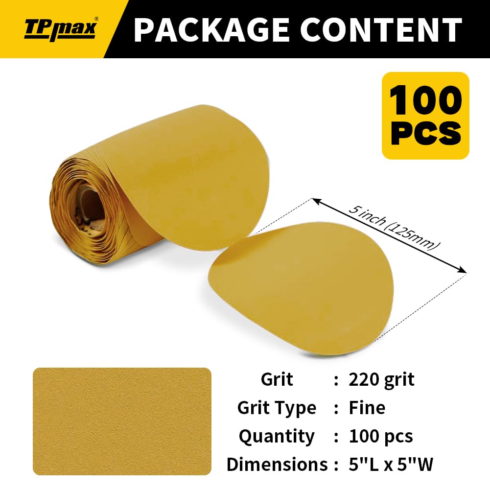 Photo 1 of 100PCS 5 Inch PSA Sanding Discs 220 Grit | Self-Adhesive Sandpaper Roll for DA Sanders, Orbital Sander | Gold Aluminum Oxide Sticky Back Abrasive Discs for Automotive, Woodworking, and Metal Polishing