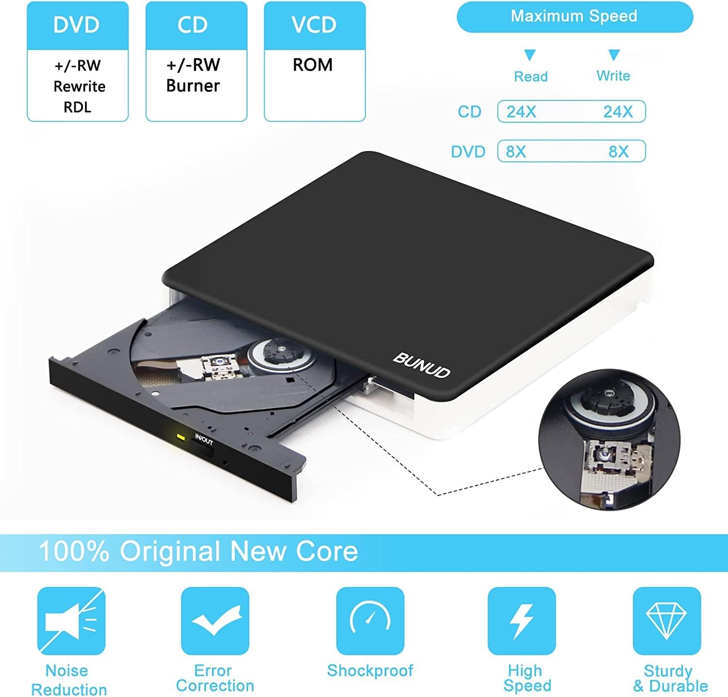 External DVD Drive, USB C CD Burner Slim Portable CD +/-RW Disk Drive with 2 USB and TF/SD Slots, CD ROM External DVD Player for Laptop Apple Windows 11 Mac MacBook Air Linux OS