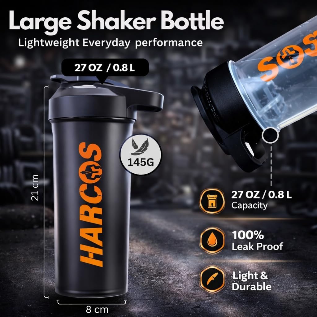 Harcos Protein Shaker Bottle 27oz – Made in USA | Leak-Proof Shaker Cup with Mixing cap| BPA-Free & Dishwasher Safe For Protein Shakes, Pre-Workout | 1,2,4 Pack (Pack Of 1 (Black with White Cap))