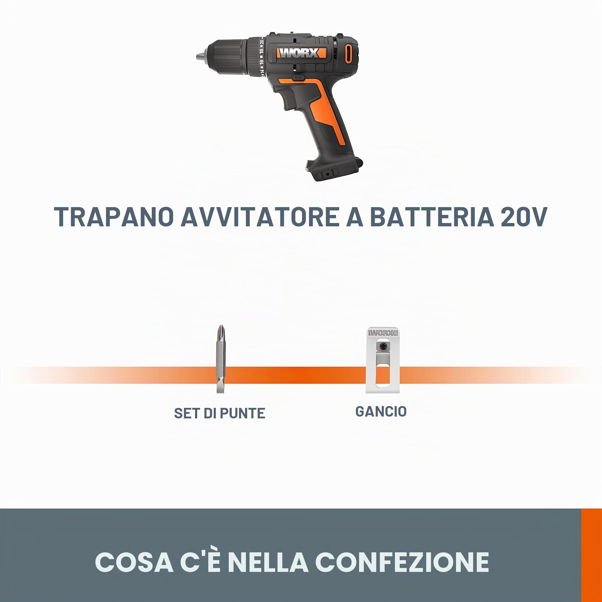 WORX WX108.9 Trapano avvitatore senza fili 20 V, coppia massima di 40 Nm, mandrino ø13 mm, ideale per piccoli lavori, 2 velocità variabili, compatto e leggero, senza batteria e caricabatterie