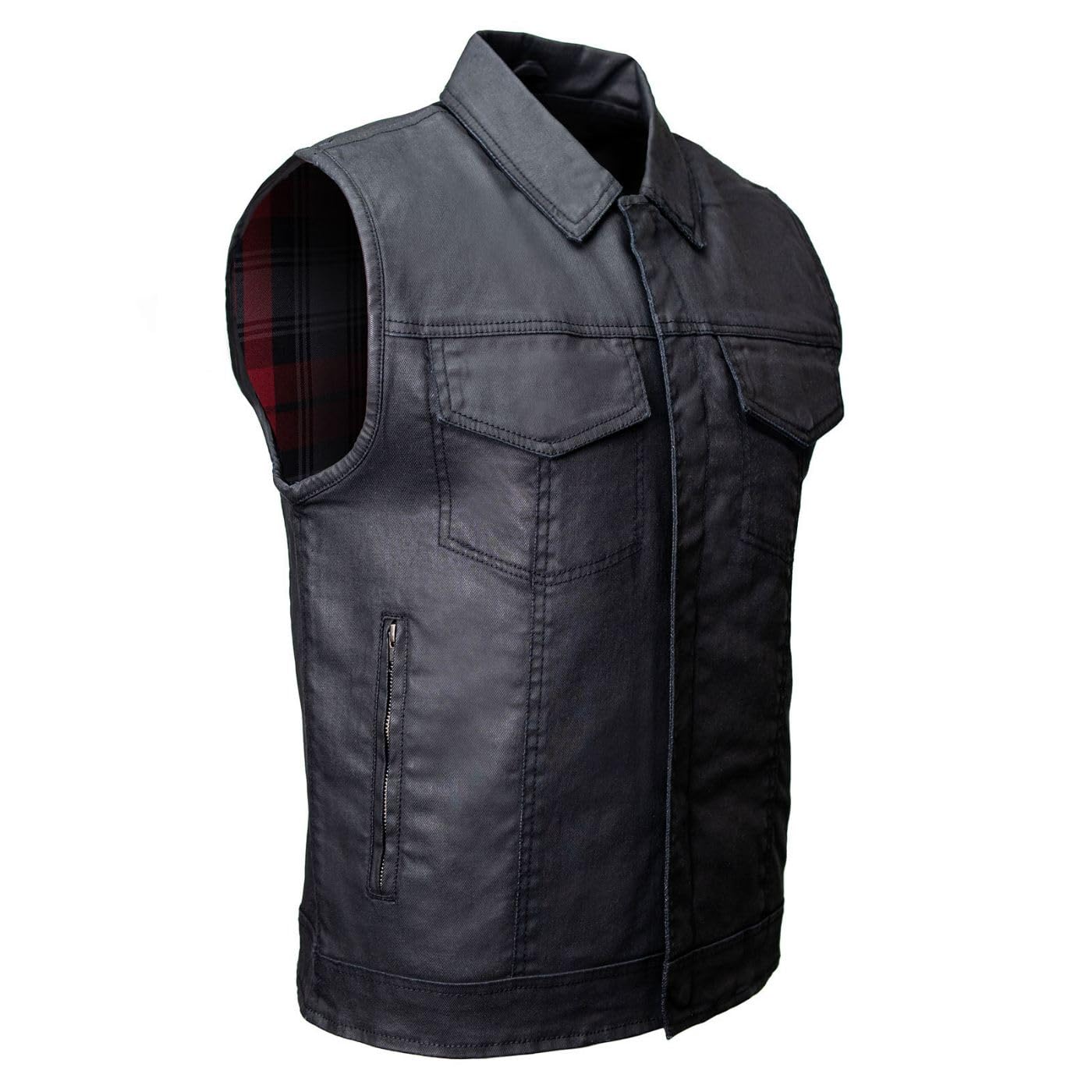 Milwaukee Leather MDM3030 Men’s Black Waxy Coated Denim Club Style Motorcycle Rider Vest w/Shirt Collar