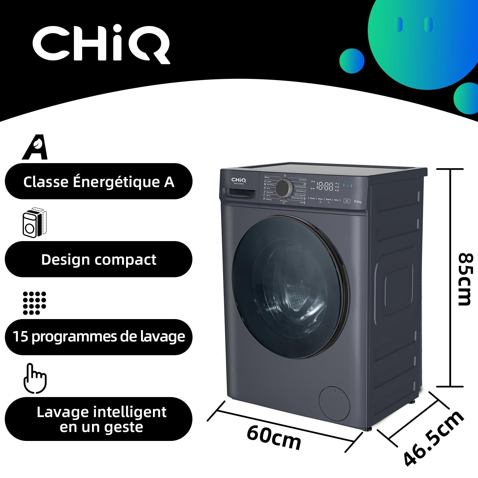 CHiQ Lave linge hublot 7kg Classe énergétique A Moteur BLDC 1200 RPM Lavage vapeur 15 programmes Design compact 60x46.5x85cm Gris