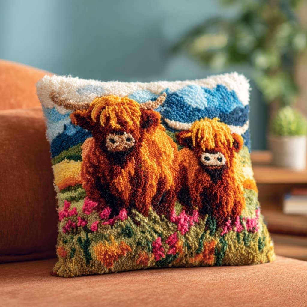 Taxpy Kit Pre-Printed Hook and Latch Rug Kits Highland Cattle Latch Hook Cushion Kit for Adults Beginners Cross-Stitch Embroidery Cushion Cover for Home Sofa Decoration 17X17 Inch