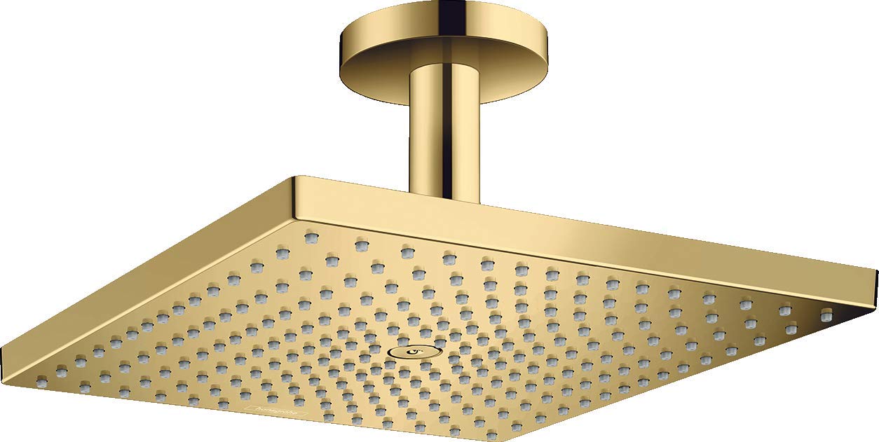 hansgrohe Raindance E - rociador de ducha max. 8 l/min (EcoSmart) con conexión a techo, ducha fija rectangular (300 x 300 mm), cabezal de ducha lluvia para conexión techo, color oro pulido, 26251990