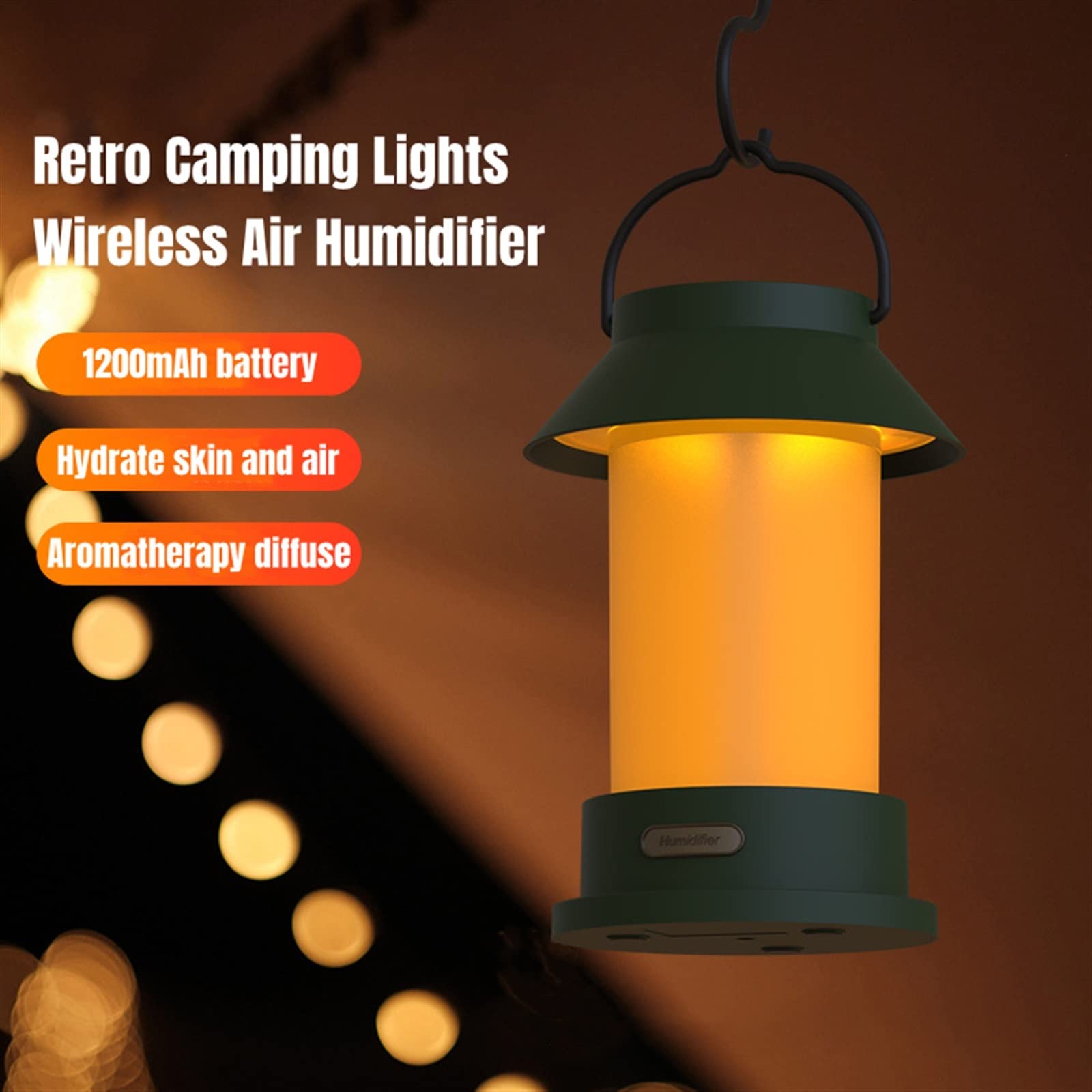 Domésticos Humidificadores 1200mAh Humidificador de Aire aromático portátil USB Recargable Retro Lámpara de Camping Inalámbrico Aromaterapia Difusor de Aceite Esencial(Bianco)