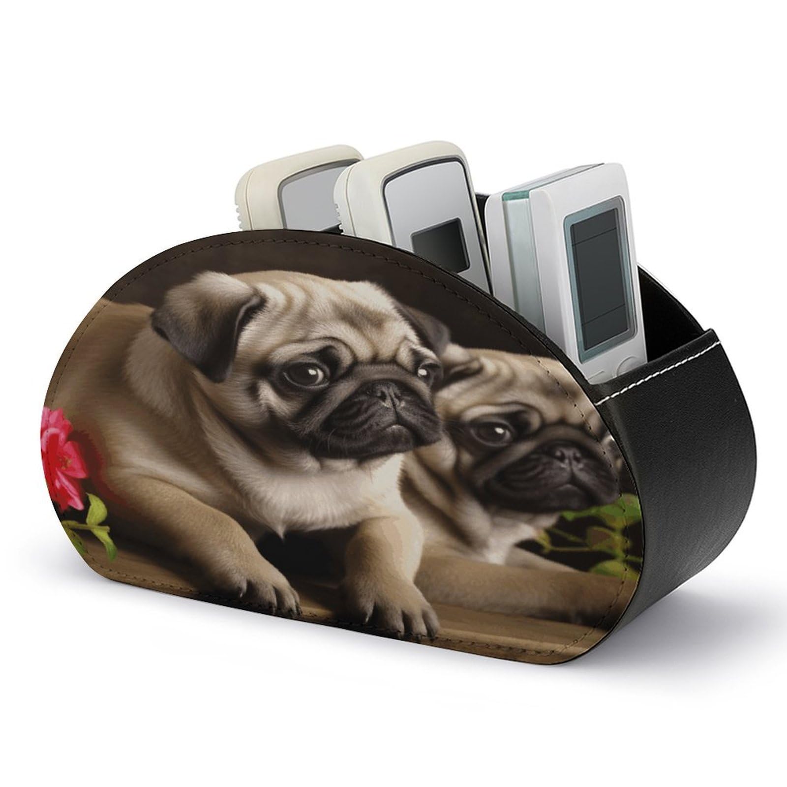 LZQPOEAS Puppys Pug Remote Control Holder with 5 Compartments PU Leather Remote Organizer Box Caddy for Table Nightstand Remote Caddy Desktop Organizer Fits Media Controllers