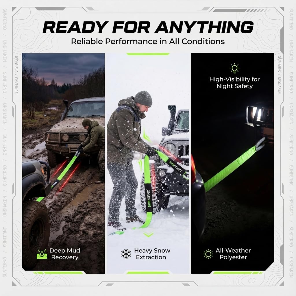 Sunferno Recovery Tow Strap 35000lb Break Strength - Lab Tested Heavy Duty 3"x20' Winch Snatch Straps - Recover Your Vehicle Stuck in Mud/Snow - Protective Loops - Off Road Towing Rope Truck Accessory