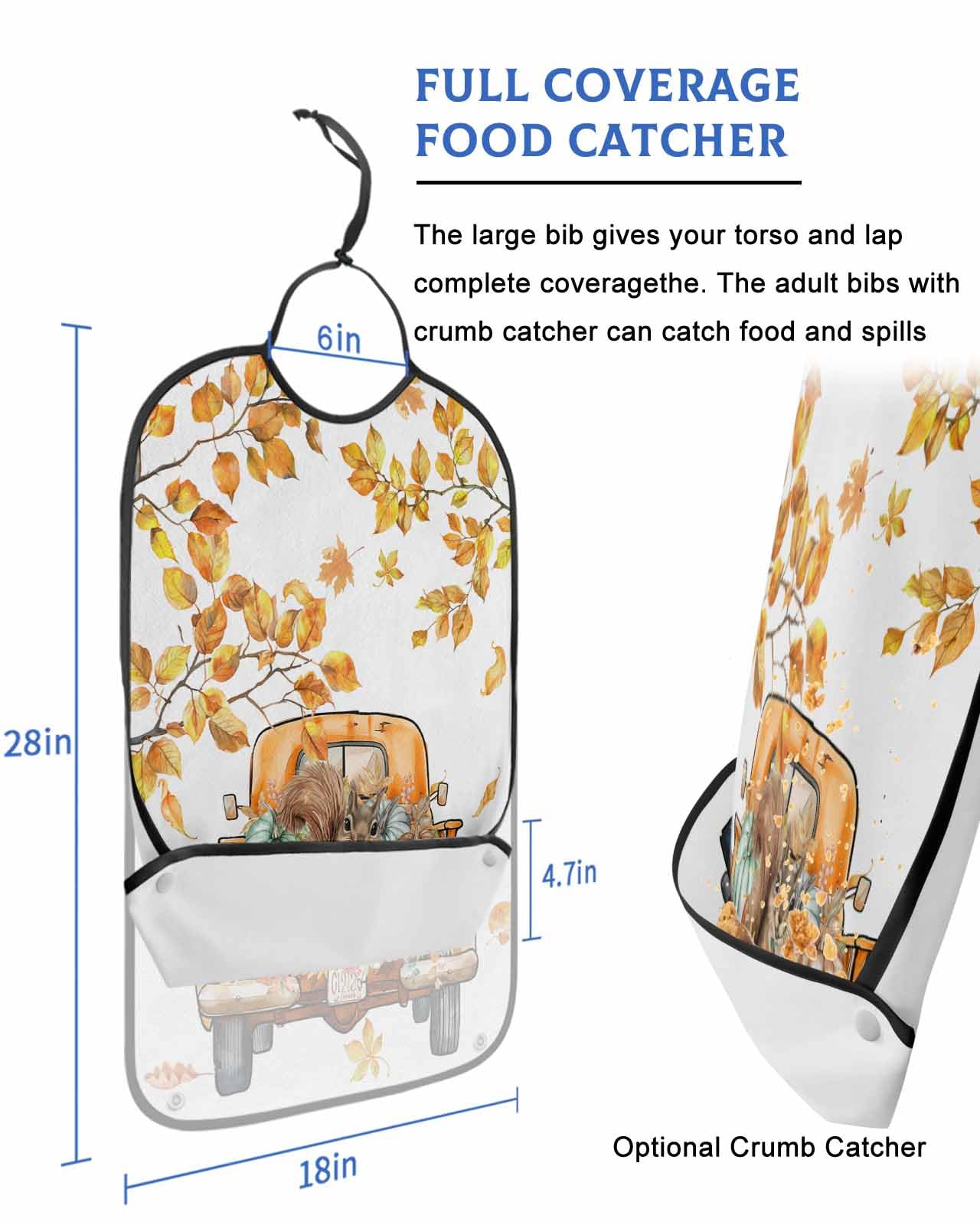 Onekaccu Orange Truck Pumpkin Adult Bibs for Elderly Women Men Washable Bibs for Eating, Fall Maple Leaves Thanksgiving Sunflower Waterproof Clothing Protectors Adult Bibs with Crumb Catcher